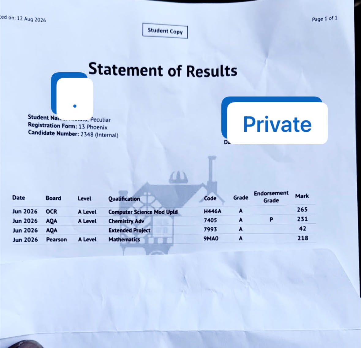 Official A-Level Statement of Results showing Grade A in all subjects